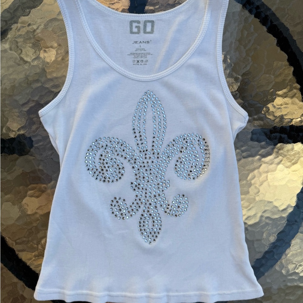 GO Jeans Los Angeles brand tank top embellished with Fleur-de-lis in rhinestones
